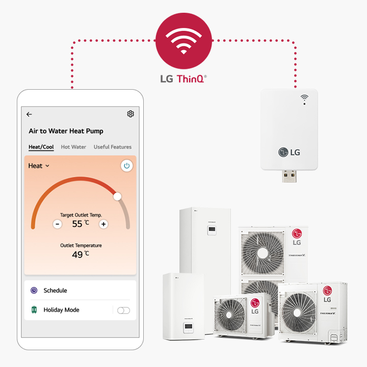 A smartphone showing the LG ThinQ app sits on the left, connected to an LG air to water heat pump split and WiFi modem on the right via a dotted line.