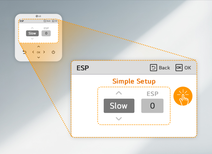 Close-up of an LG control panel in 'ESP' mode showing 'Simple Setup' with options for 'Slow' and '0,' and 'Back' and 'OK' buttons in the top right.	