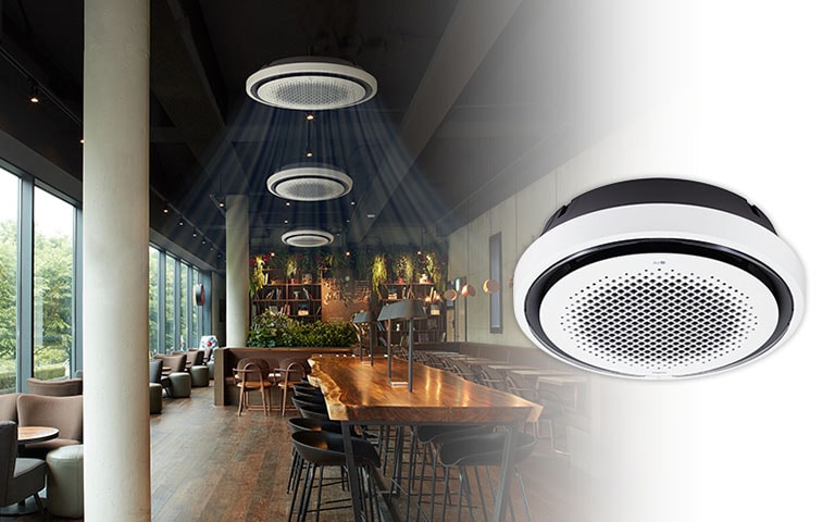 An image of a coffee shop at shopping mall with air conditioning on.