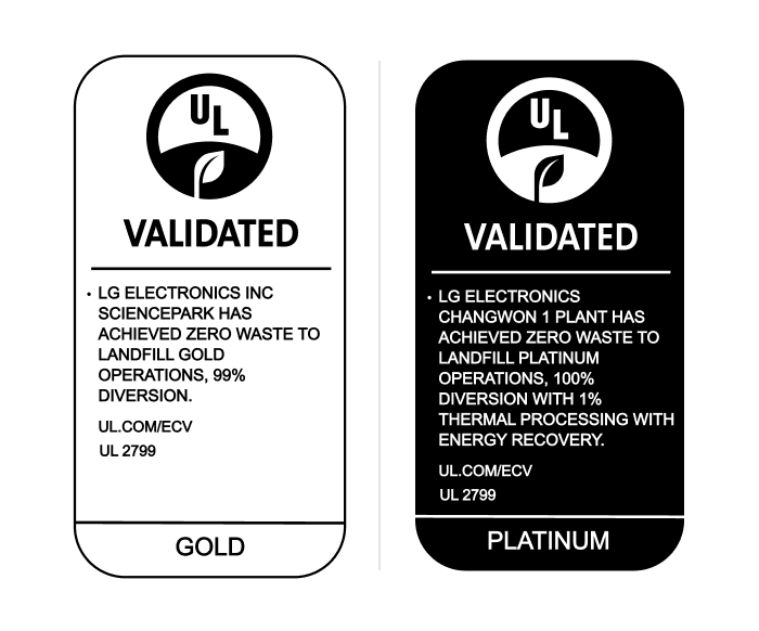 Two UL VALIDATED certification mark images. On the left, a GOLD rating mark reads: LG ELECTRONICS INC SCIENCEPARK HAS ACHIEVED ZERO WASTE TO LANDFILL GOLD OPERATIONS, 99% DIVERSION. UL.COM/ECV UL 2799. On the right, a PLATINUM rating mark reads: LG ELECTRONICS CHANGWON 1 PLANT HAS ACHIEVED ZERO WASTE TO LANDFILL PLATINUM OPERATIONS, 100% DIVERSION WITH 1% THERMAL PROCESSING WITH ENERGY RECOVERY. UL.COM/ECV UL 2799.