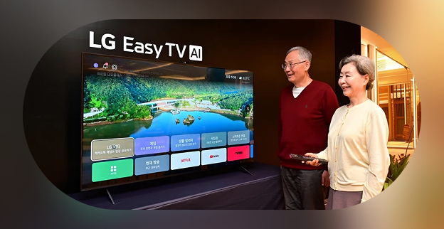 An image of the LG Easy TV AI product. A middle-aged man and woman stand side by side in front of the LG Easy TV AI, smiling while looking at the TV screen. The TV screen displays a natural landscape video along with menus for LG Simple Home, Channels, Life Notifications, Photos, and Customer Service, as well as app icons for Netflix, YouTube, and TVING.