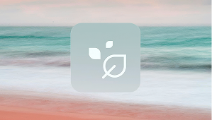 A soft pastel-toned beach landscape overlaid with a leaf-shaped environmental protection icon.