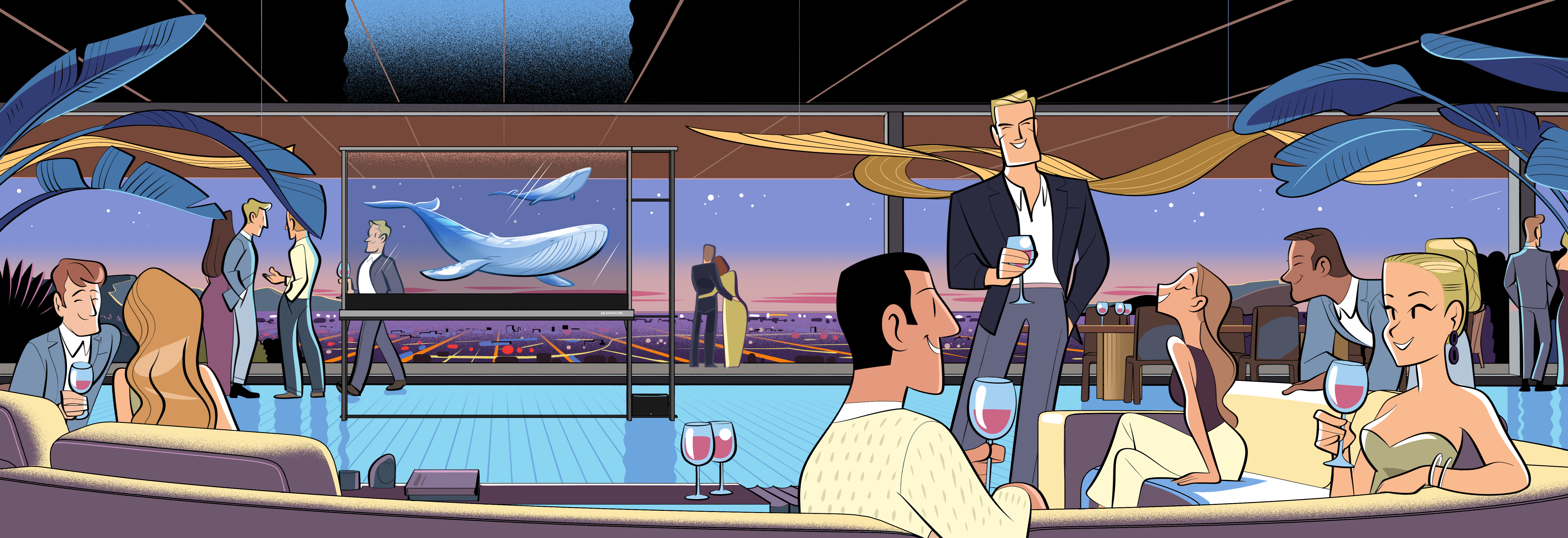 A painting of people chatting at a party with a view of the city's nightscape.