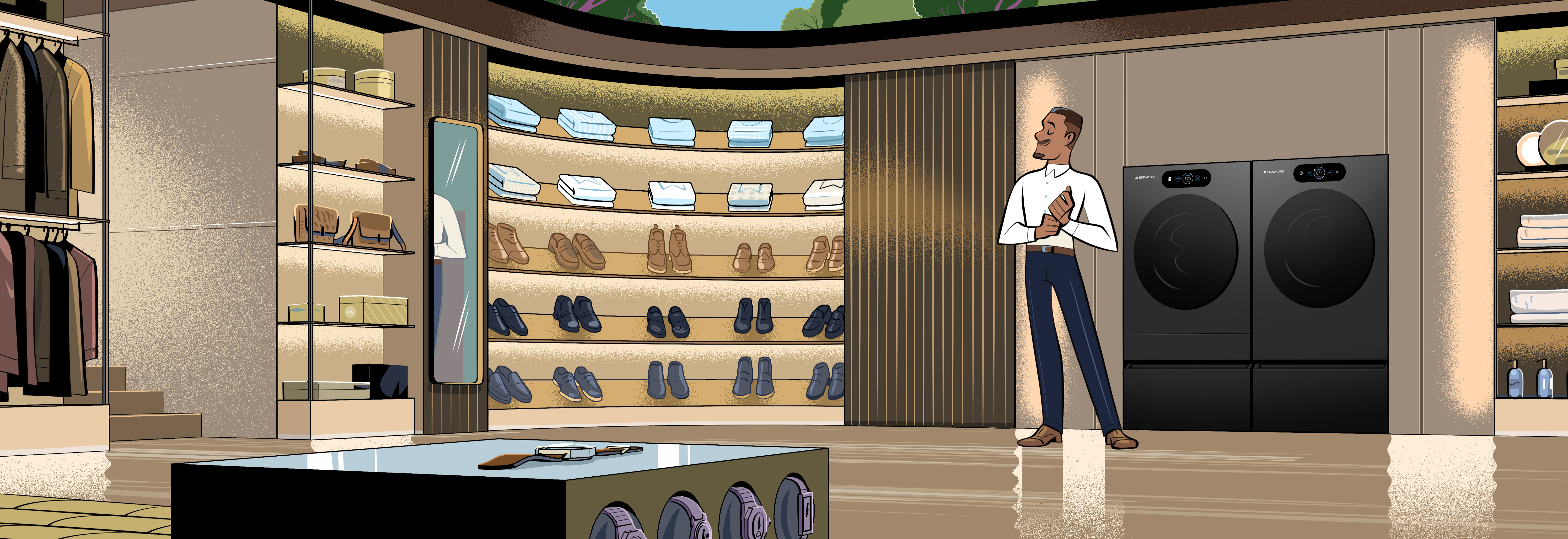A drawing of a man putting on a watch in a dressing room, with an LG washing machine visible in the background.