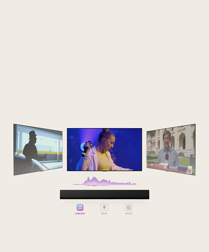 LG Soundbar is showing three different TV screens. The one directly above first plays a music concert with a woman singing. The TV screen showing a news broadcast moves to the middle and starts playing. Then, the TV screen showing an action scene with a woman running up the stairs moves to the middle and starts playing. In between the TV and soundbar, there is a soundwave changes color whenever the tv screen switches to one another, correlating to the genre. 